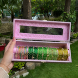 Premium Green Bangle Box With Name ( 60 Diamonds Bangles + 10 Ghungroo Bangles )