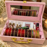 Karwachauth Special Premium Hamper With Name ( 60 diamond bangles + 11 Heavy Ghungroo Bangles + Bindi + Mehndi + Nail Paint + 2 jhumka + Sindur + Lipstick + Gajra + Kajal )
