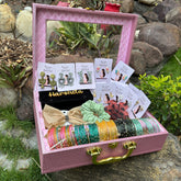 Premium Personalized Gift Hamper with Name And LED Light ✨ ( Earring Organiser + 3 Jhumke + 12 Western Earring + 1 Flower Clutcher + 1 Bow + 1 Scrunchie + 5 set Kashmiri bangles )