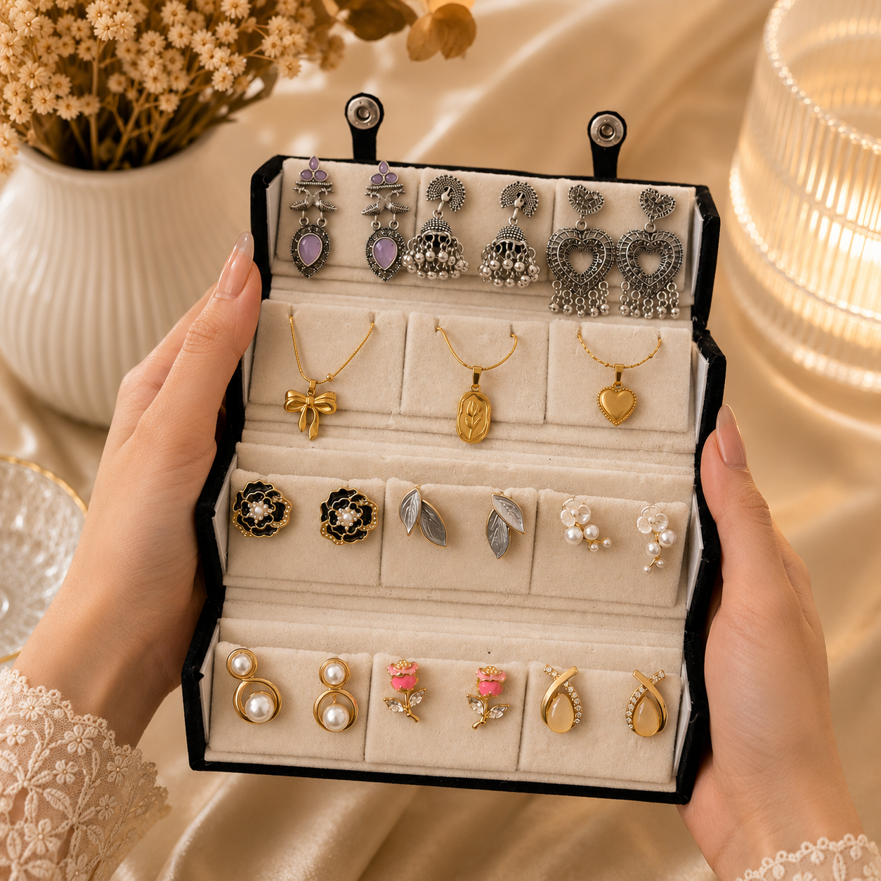 Earring Box With ( 3 Oxidised Jhumka + 3 Anti Tarnish Necklace + 6 Kor – Xctasy