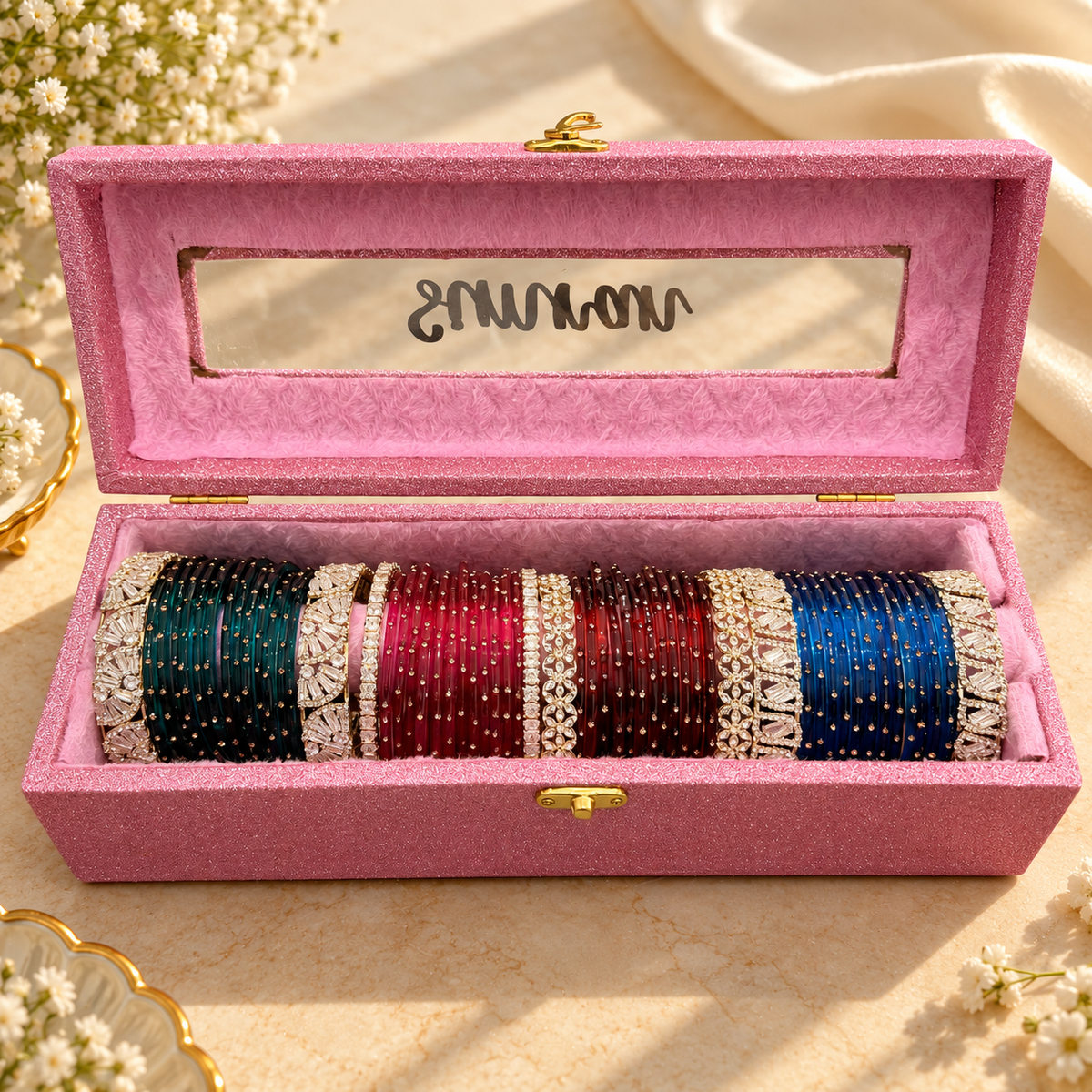 Premium Diamond Bangle Box with Designer Kada & Glass Bangles
