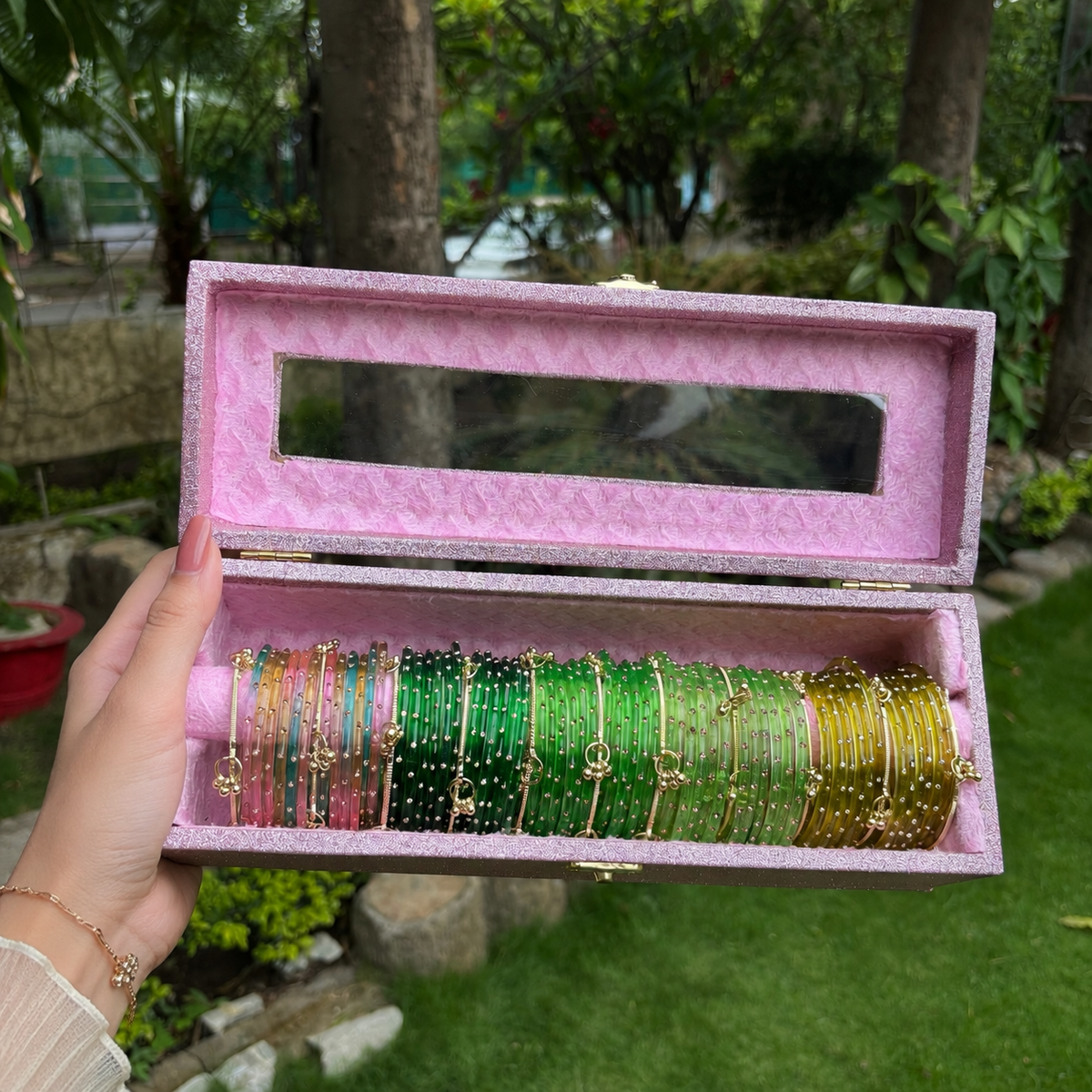 Premium Green Bangle Box With Name ( 60 Diamonds Bangles + 10 Ghungroo Bangles )