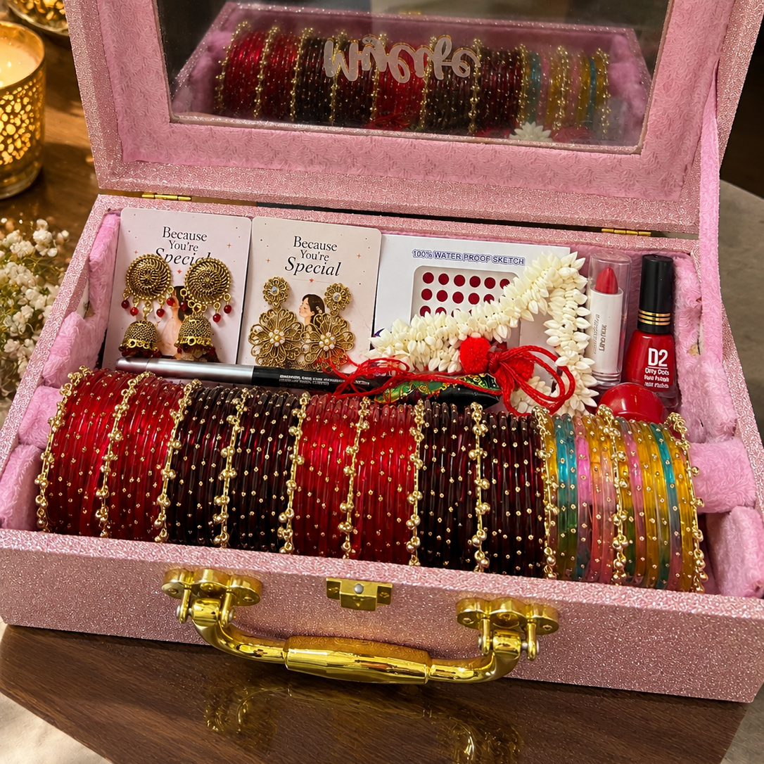 Karwachauth Special Premium Hamper With Name ( 60 diamond bangles + 11 Heavy Ghungroo Bangles + Bindi + Mehndi + Nail Paint + 2 jhumka + Sindur + Lipstick + Gajra + Kajal )