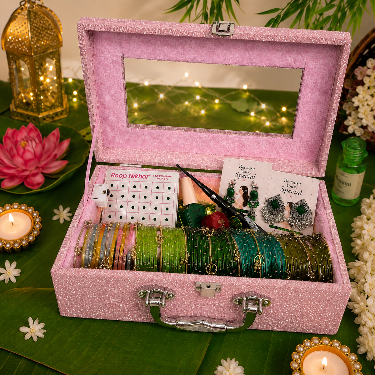 Sawan Special Premium Hamper With Name ( 60 diamond bangles + 11 Ghungroo Bangles + Bindi + Mehndi + Nail Paint + 2 jhumka + Sindur + Light )