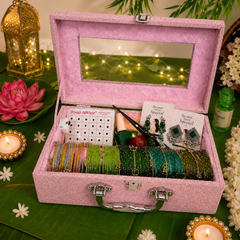 Sawan Special Premium Hamper With Name ( 60 diamond bangles + 11 Ghungroo Bangles + Bindi + Mehndi + Nail Paint + 2 jhumka + Sindur + Light )