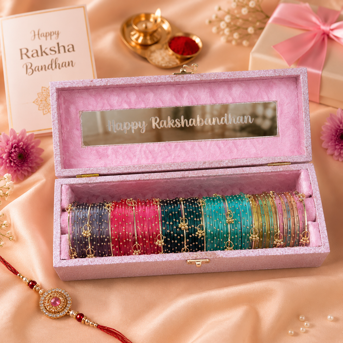 Raksha Bandhan Special Premium Bangle Box With Name ( 60 Diamond Bangles + 10 Ghungroo Bangles)
