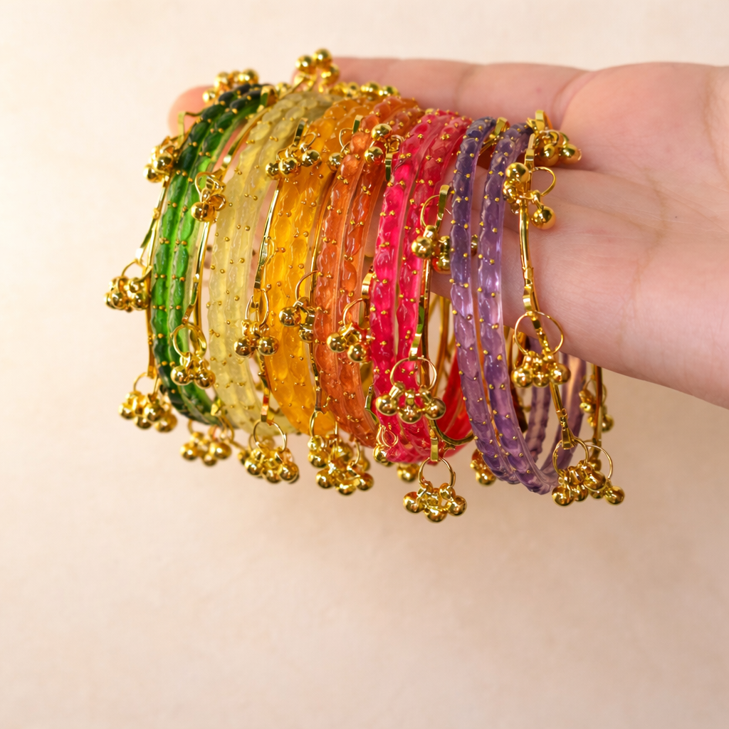 Mix Colored Kashmiri Bangles (12 bangle + 7 ghungroo bangle )