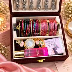 Shahi Jewellery Hamper- Royal Velvet Jewelry Gift Box with 9 Jhumke, 24 Glass Bangles, 5 Ghungroo Bangles, Necklace, Kashmiri Watch And Perfume