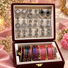 Shahi Jewellery Hamper- Royal Velvet Jewelry Gift Box with 9 Jhumke, 24 Glass Bangles, 5 Ghungroo Bangles, Necklace, Kashmiri Watch And Perfume