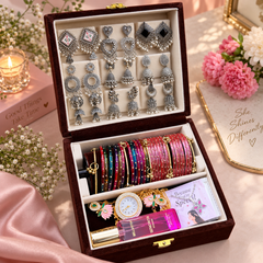 Shahi Jewellery Hamper- Royal Velvet Jewelry Gift Box with 9 Jhumke, 24 Glass Bangles, 5 Ghungroo Bangles, Necklace, Kashmiri Watch And Perfume