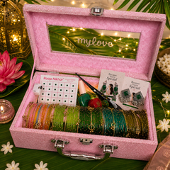Sawan Special Premium Hamper With Name ( 60 diamond bangles + 11 Ghungroo Bangles + Bindi + Mehndi + Nail Paint + 2 jhumka + Sindur + Light )