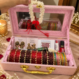 Karwachauth Special Premium Hamper With Name ( 60 diamond bangles + 11 Heavy Ghungroo Bangles + Bindi + Mehndi + Nail Paint + 2 jhumka + Sindur + Lipstick + Gajra + Kajal )