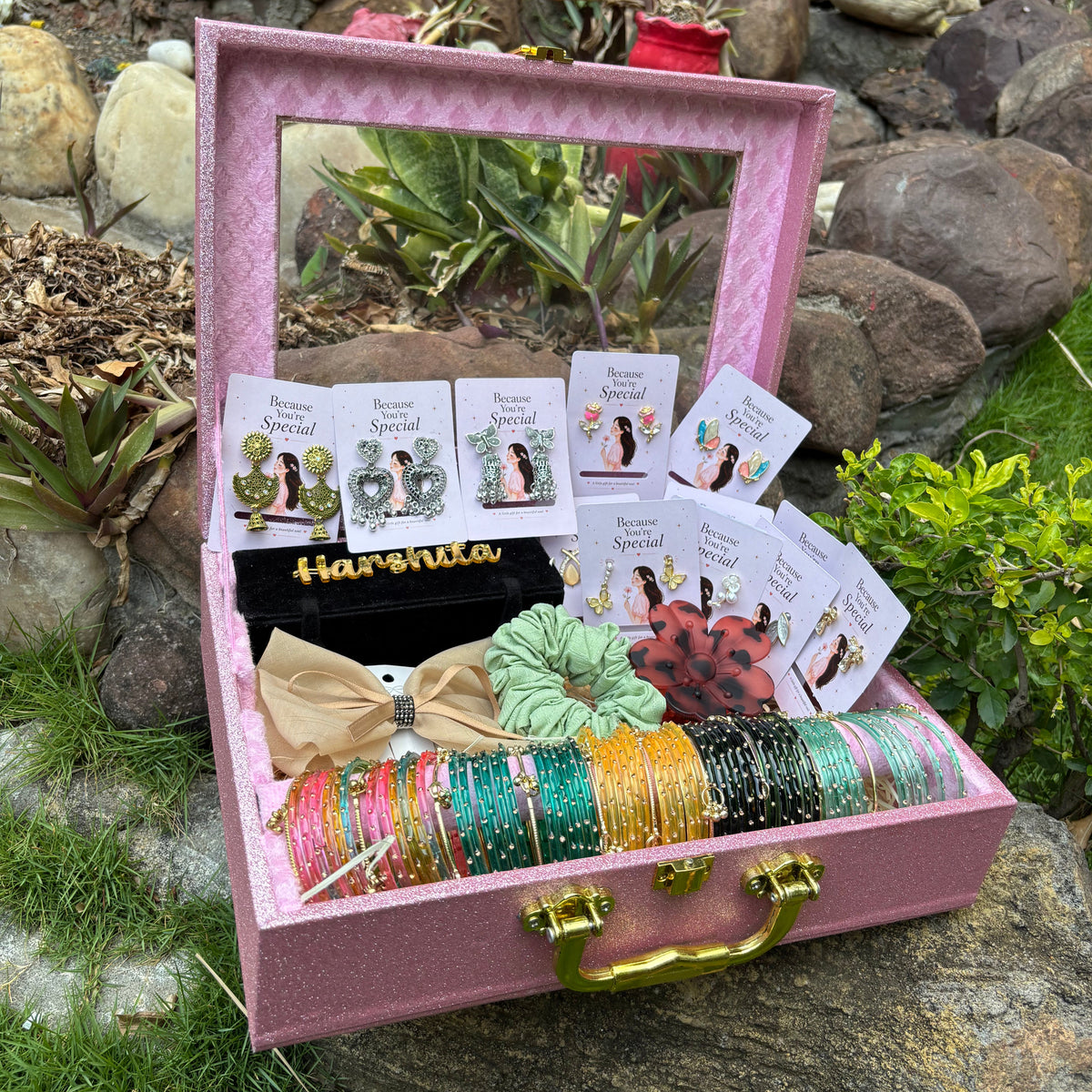 Premium Gift Hamper With ( Earring Organiser + Led Light +Name + 3 Jhumke + 9 Western Earring + 1 Flower Clutcher + 1 Bow + 1 Scrunchie + 5 set Kashmiri bangles )