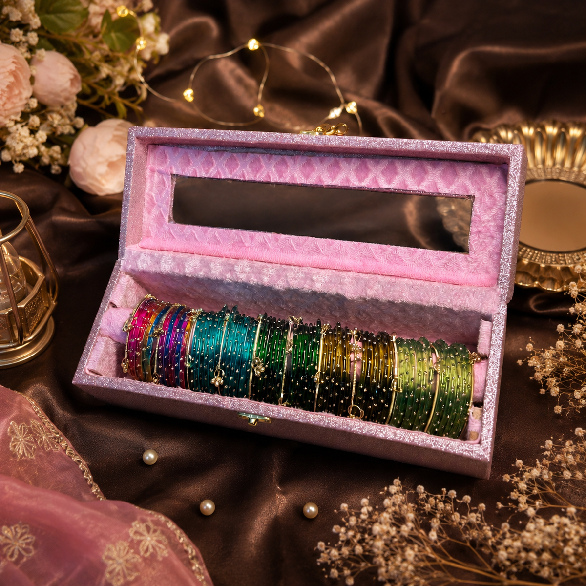 Premium Green Bangle Box With Name ( 60 Diamonds Bangles + 10 Ghungroo Bangles )