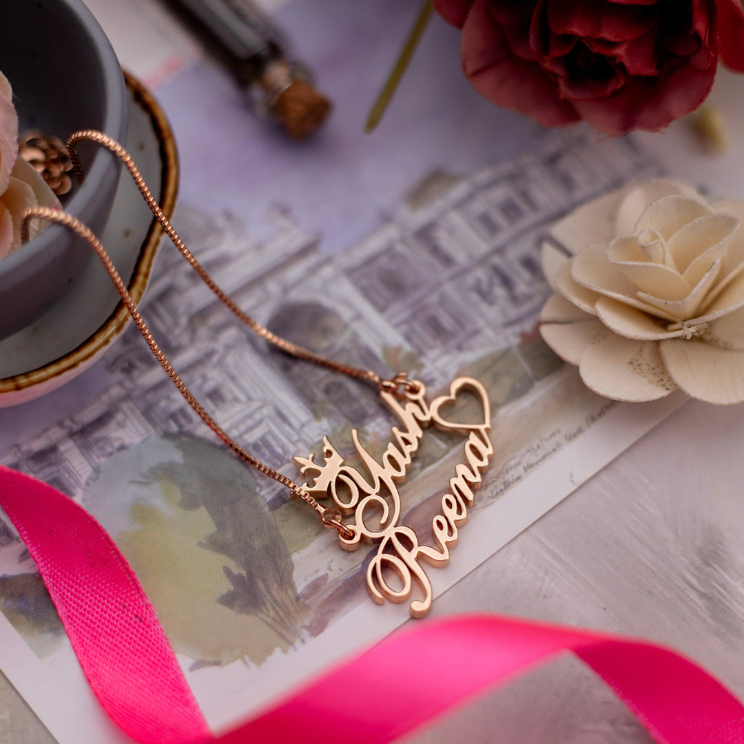 Crown & Heart Style Couple Name Necklace - Rose Gold - Xctasy