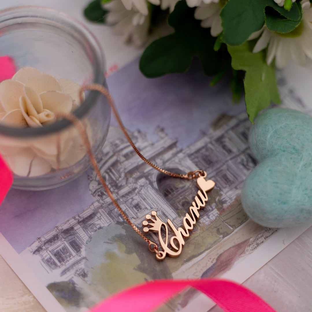 Crown & Heart Style Name Necklace - Rose Gold - Xctasy