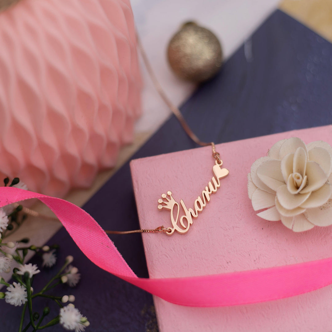Crown & Heart Style Name Necklace - Rose Gold - Xctasy