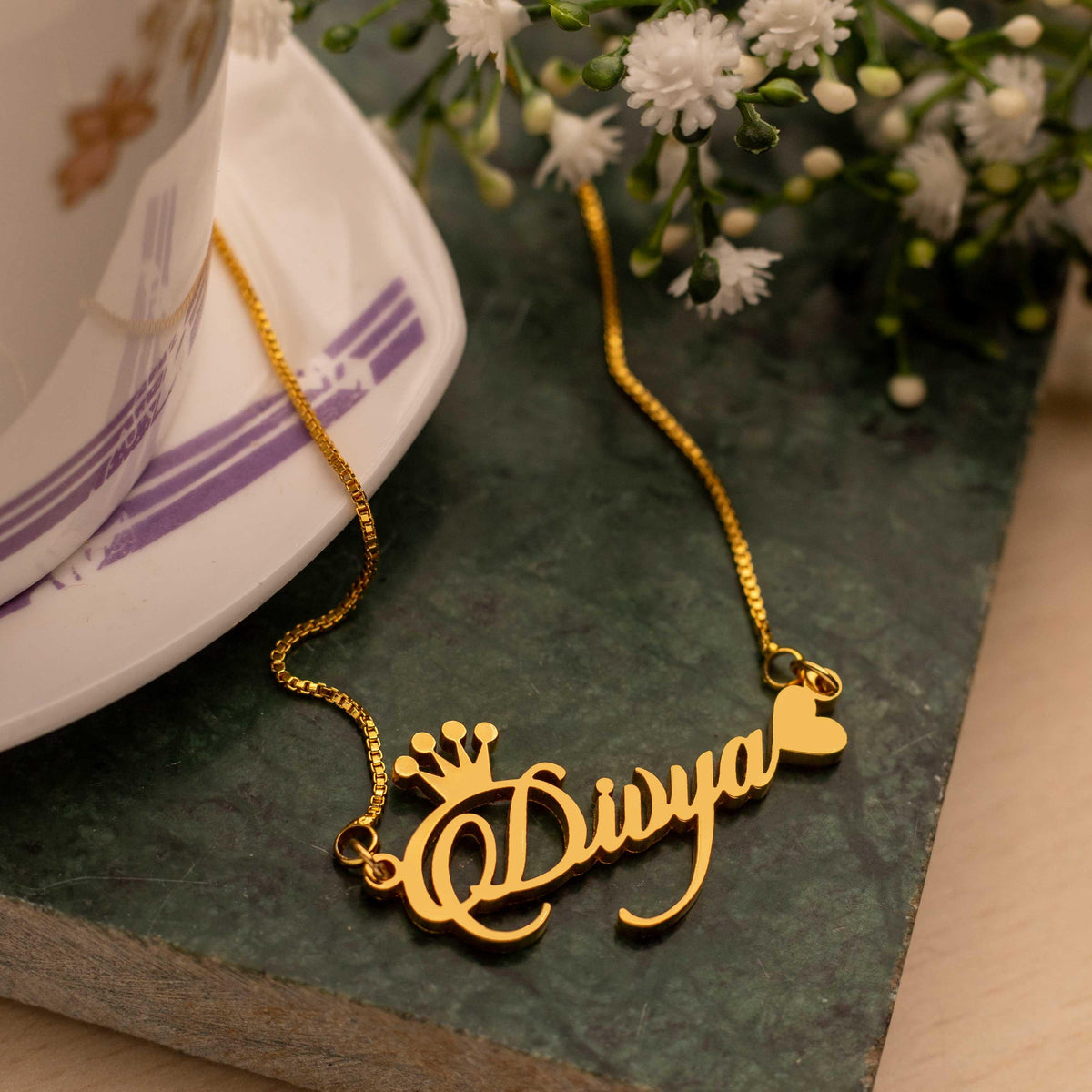 Divya Name Locket Silver Candlescript Crown Heart Style Name Necklace