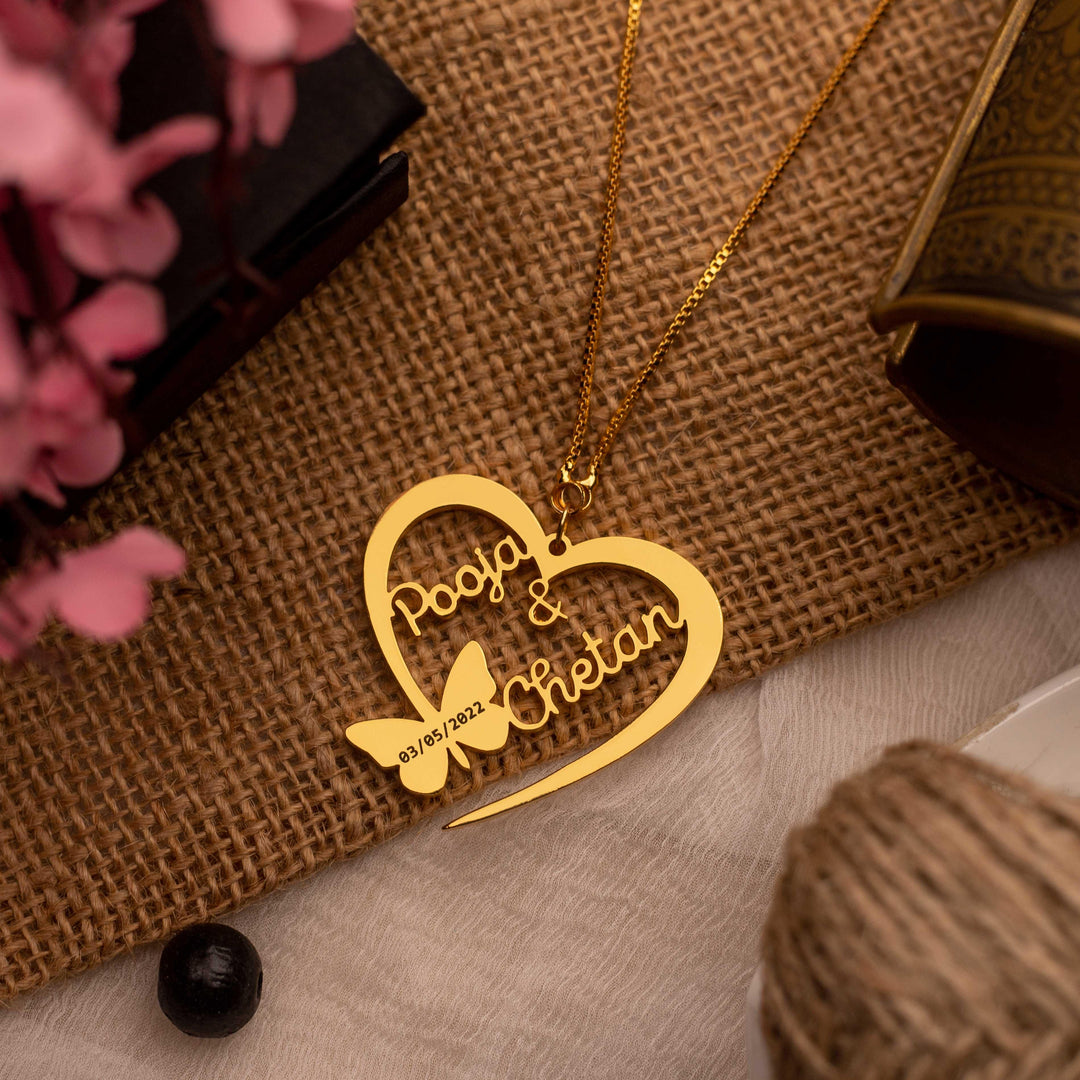 Buy Butterfly Heart Style With Engraving Couple Name Necklace - Gold at ...