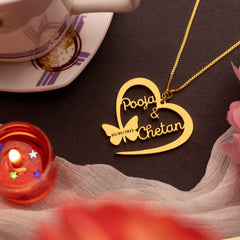 Butterfly Heart Style With Engraving Couple Name Necklace - Gold - Xctasy