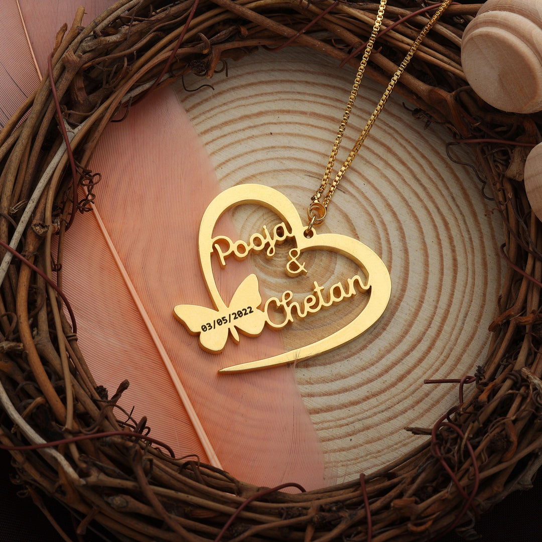Butterfly Heart Style With Engraving Couple Name Necklace - Gold