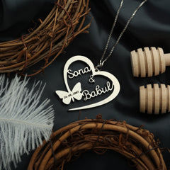 Butterfly Heart Style With Engraving Couple Name Necklace - Silver - Xctasy