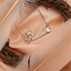 Crown & Heart Style Name Necklace - Silver - Xctasy
