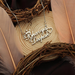 Crown & Heart Style Couple Name Necklace - Silver - Xctasy